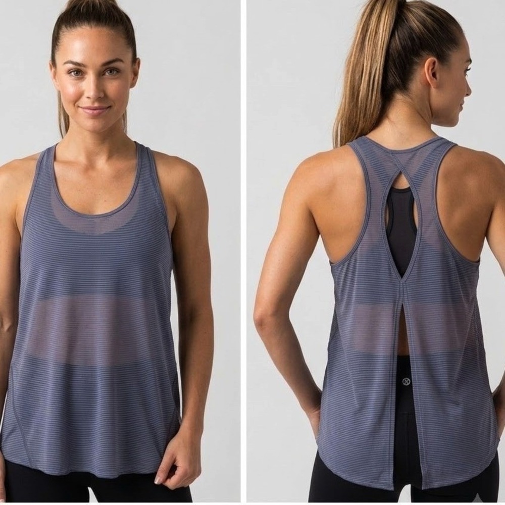 Manduka Flux Tank Top Women's Large Purple Striped Crossover Keyhole Split Back